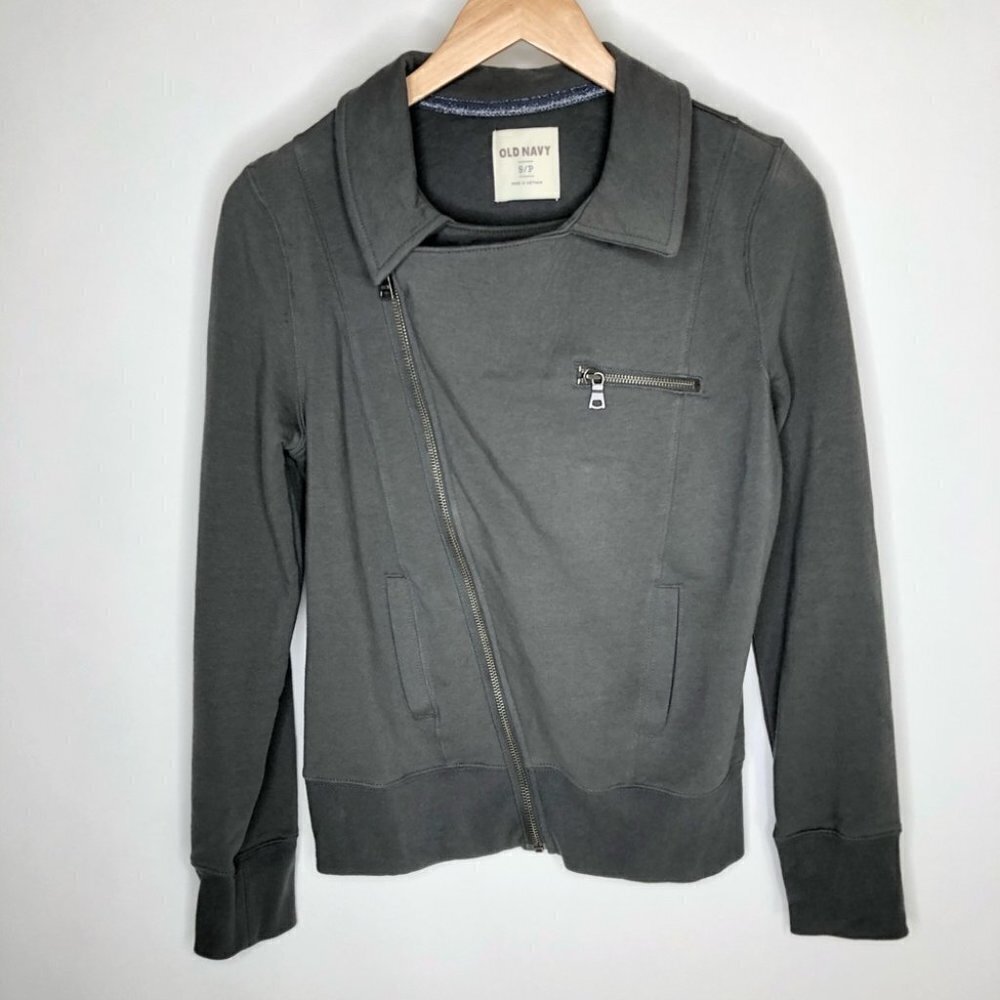 Old NAVY Smokey Grey Moto Asymmetrical Zipup Stretchy Pocket Sweater Jacket Coat